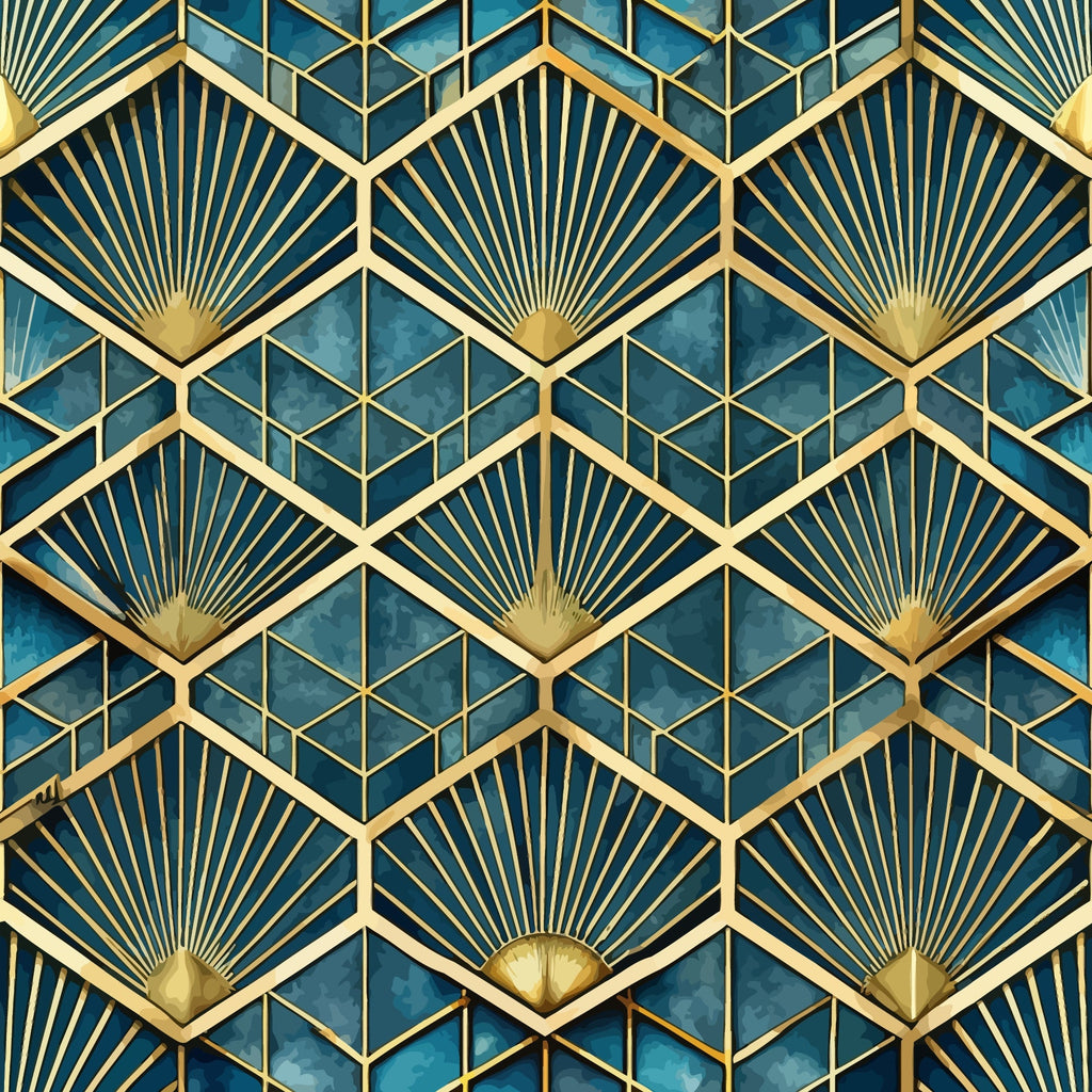 art deco, geometric pattern, teal blue, navy blue, gold accents, fan motifs, sunburst design, hexagonal shapes, radiating lines, metallic gold, peacock blue, luxury pattern, 1920s style, vintage inspired,, fabric panel, repeating pattern, decorative motifs, angular design, sophisticated palette