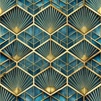 art deco, geometric pattern, teal blue, navy blue, gold accents, fan motifs, sunburst design, hexagonal shapes, radiating lines, metallic gold, peacock blue, luxury pattern, 1920s style, vintage inspired,, fabric panel, repeating pattern, decorative motifs, angular design, sophisticated palette