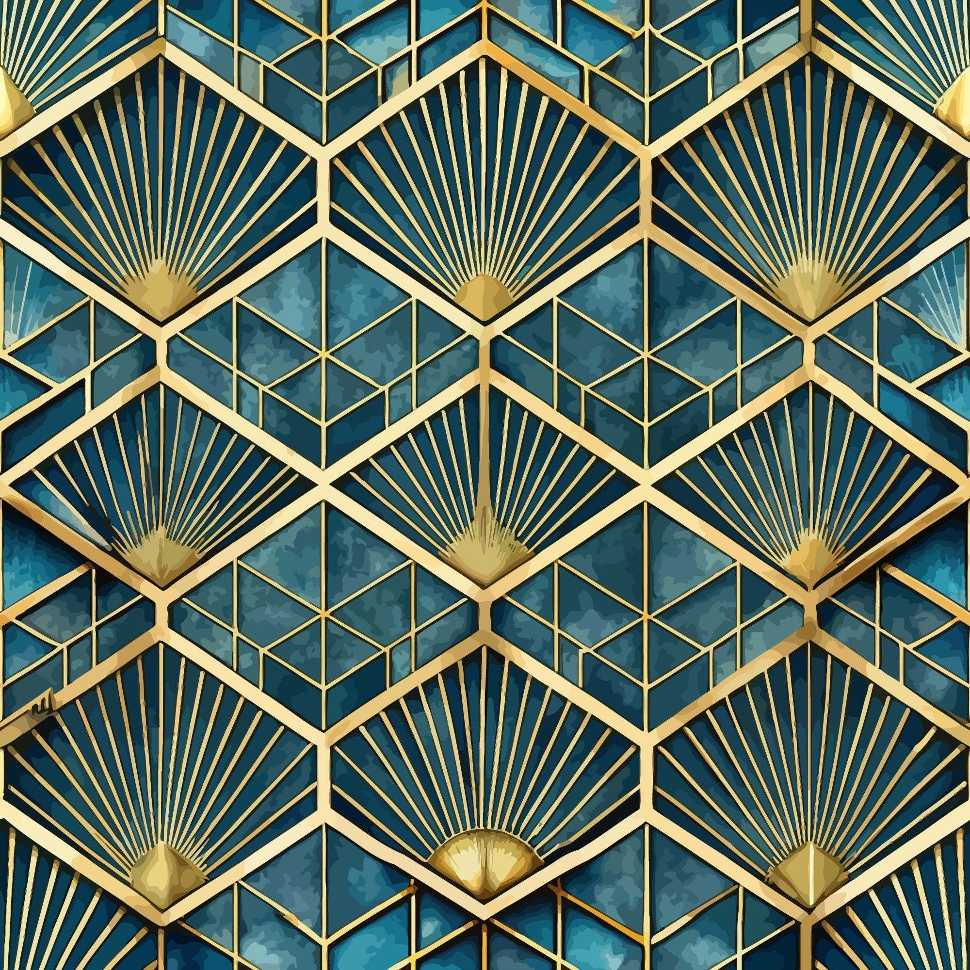 art deco, geometric pattern, teal blue, navy blue, gold accents, fan motifs, sunburst design, hexagonal shapes, radiating lines, metallic gold, peacock blue, luxury pattern, 1920s style, vintage inspired,, fabric panel, repeating pattern, decorative motifs, angular design, sophisticated palette