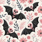 pink, coral, black, charcoal, cream, beige, skulls, bats, flowers, botanical, floral motifs, wings, spooky cute, whimsical, retro style, vintage inspired, halloween, autumn,, fabric panel, repeating pattern, gothic florals, kawaii skulls