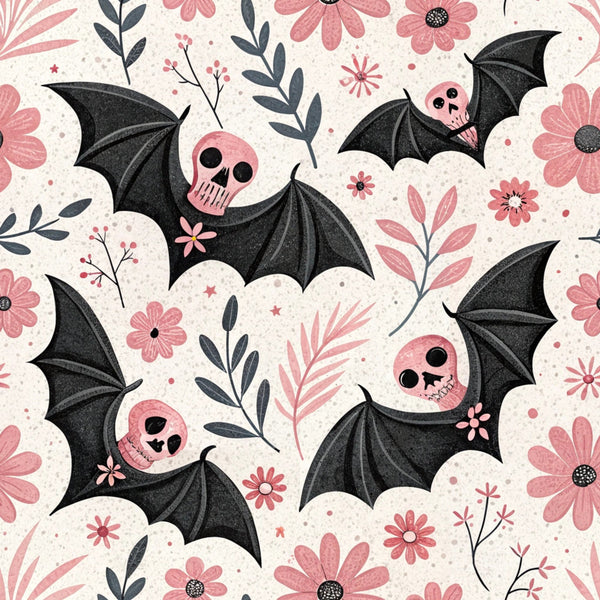 pink, coral, black, charcoal, cream, beige, skulls, bats, flowers, botanical, floral motifs, wings, spooky cute, whimsical, retro style, vintage inspired, halloween, autumn,, fabric panel, repeating pattern, gothic florals, kawaii skulls
