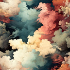 coral pink, peachy orange, cream, ivory, teal, dusty blue, deep navy, burnt orange, abstract clouds, cloud pattern, flowing wisps, dreamy, whimsical, celestial, sky theme, ethereal, modern artistic, contemporary, soft texture aesthetic, pastel blend, warm and cool tones, artistic swirls, watercolor effect, nursery decor, kids room, playroom, baby shower, artistic design, fantasy clouds, ethereal landscape