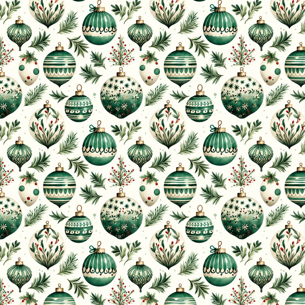 forest green, evergreen, cream, ivory, gold, red berries, christmas, holiday, ornaments, baubles, festive, winter, traditional, elegant, botanical, pine needles, holly, berry branches, striped ornaments, geometric patterns, nature, seasonal, vintage, classic, decorative balls, metallic accents, timeless, celebratory
