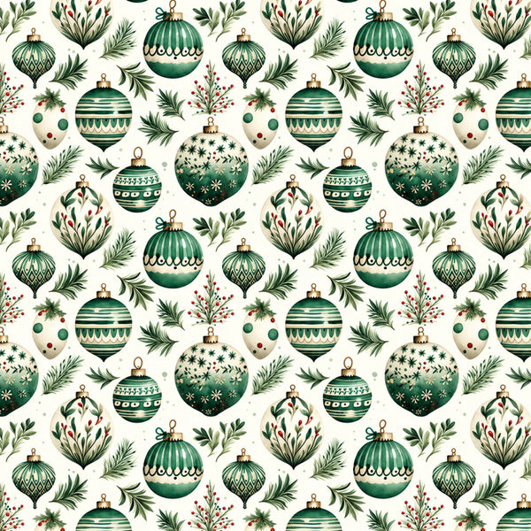 forest green, evergreen, cream, ivory, gold, red berries, christmas, holiday, ornaments, baubles, festive, winter, traditional, elegant, botanical, pine needles, holly, berry branches, striped ornaments, geometric patterns, nature, seasonal, vintage, classic, decorative balls, metallic accents, timeless, celebratory