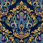 navy blue, gold, purple, teal, emerald green, ornate, damask, baroque, paisley, scrollwork, floral, victorian, elegant, luxurious, ornamental, royal, regal, vintage, traditional, decorative, swirls, flourishes, botanical, jewel tones, upscale, sophisticated, classical, intricate detail