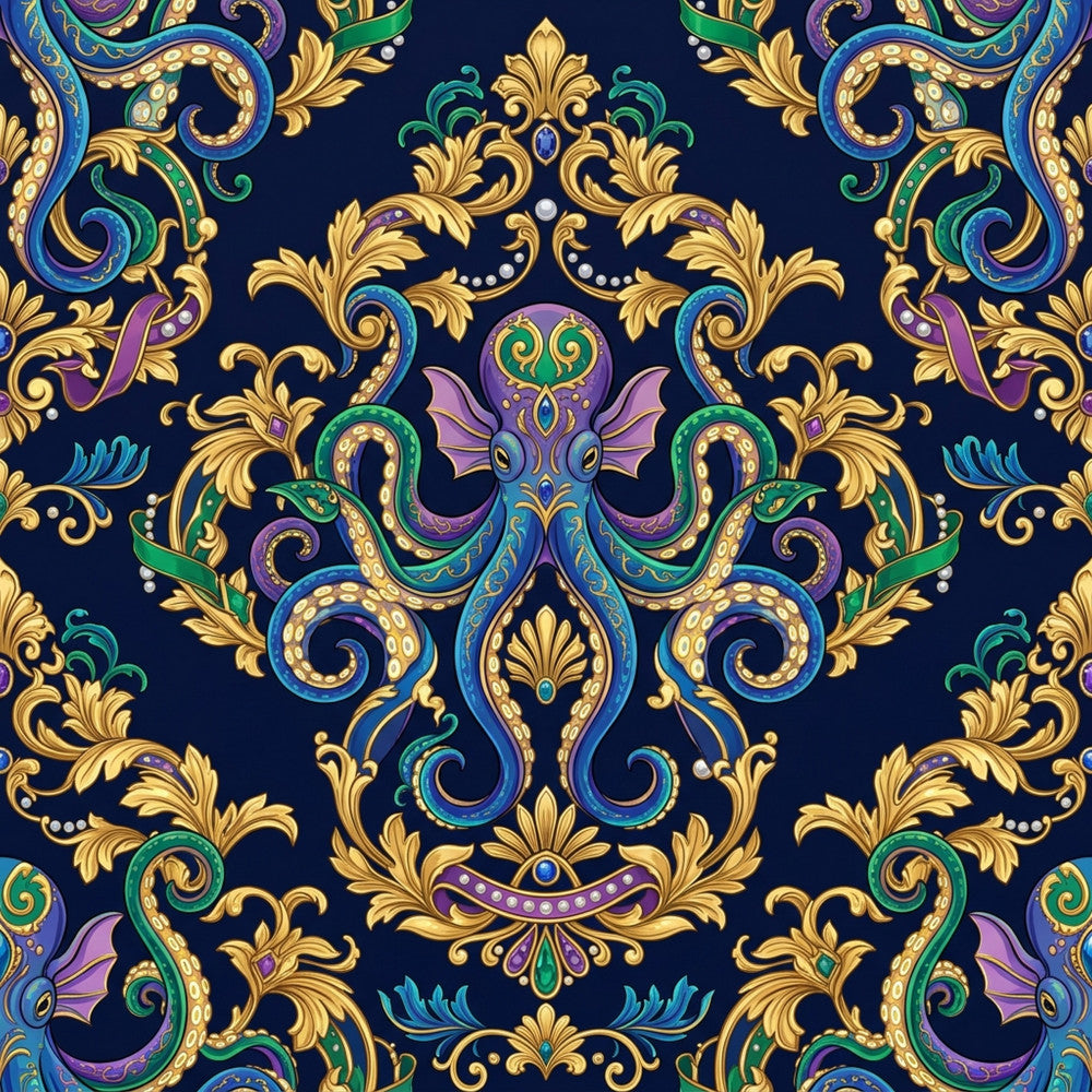 navy blue, gold, purple, teal, emerald green, ornate, damask, baroque, paisley, scrollwork, floral, victorian, elegant, luxurious, ornamental, royal, regal, vintage, traditional, decorative, swirls, flourishes, botanical, jewel tones, upscale, sophisticated, classical, intricate detail