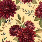 burgundy dahlia, deep red flowers, cream background, vintage floral, botanical print, garden flowers, nature themed, elegant style, traditional pattern, romantic florals, wine red petals, sage green leaves, berry accents, dark red blooms, classic floral design, spring flowers, summer garden, timeless pattern, botanical illustration, rustuc elegance, multi-layered petals, full blooms, leafy stems, berry branches, muted color palette, farmhouse style, cottage core, heirloom florals, natural elements