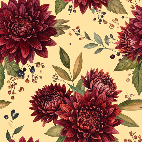 burgundy dahlia, deep red flowers, cream background, vintage floral, botanical print, garden flowers, nature themed, elegant style, traditional pattern, romantic florals, wine red petals, sage green leaves, berry accents, dark red blooms, classic floral design, spring flowers, summer garden, timeless pattern, botanical illustration, rustuc elegance, multi-layered petals, full blooms, leafy stems, berry branches, muted color palette, farmhouse style, cottage core, heirloom florals, natural elements