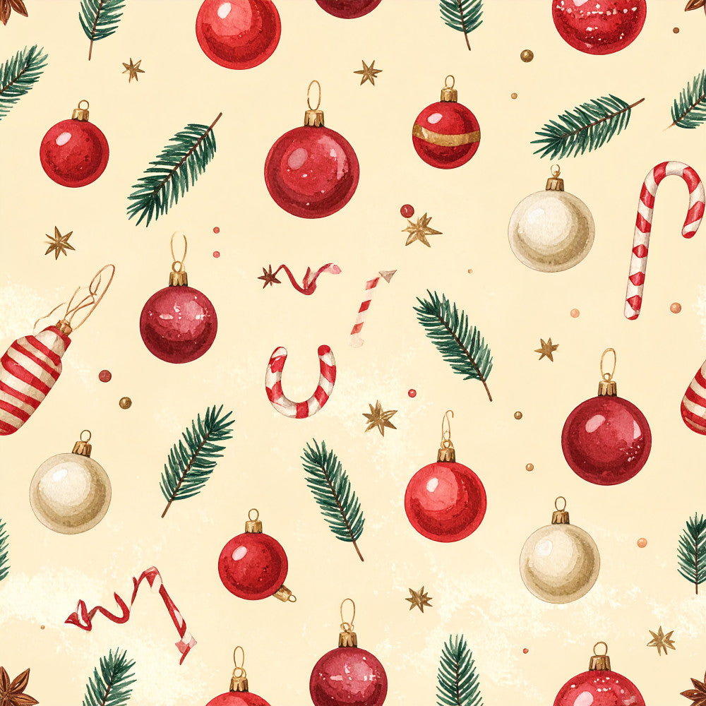 crimson red, cream, beige, forest green, gold, candy cane, christmas, holiday, festive, ornaments, baubles, evergreen branches, pine needles, stars, ribbons, candy canes, traditional, elegant, winter, seasonal, home decor, tree decoration, vintage, classic, whimsical, sparkly, shimmer, red and white striped, metallic accents