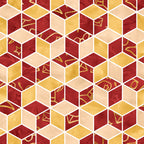 burgundy, gold, cream, beige, hexagonal pattern, geometric design, magical symbols, wizard icons, stars, potions, mystical elements,, fabric panel, honeycomb layout, dimensional cubes, fantasy theme, school supplies, spell components, warm tones, tessellated pattern
