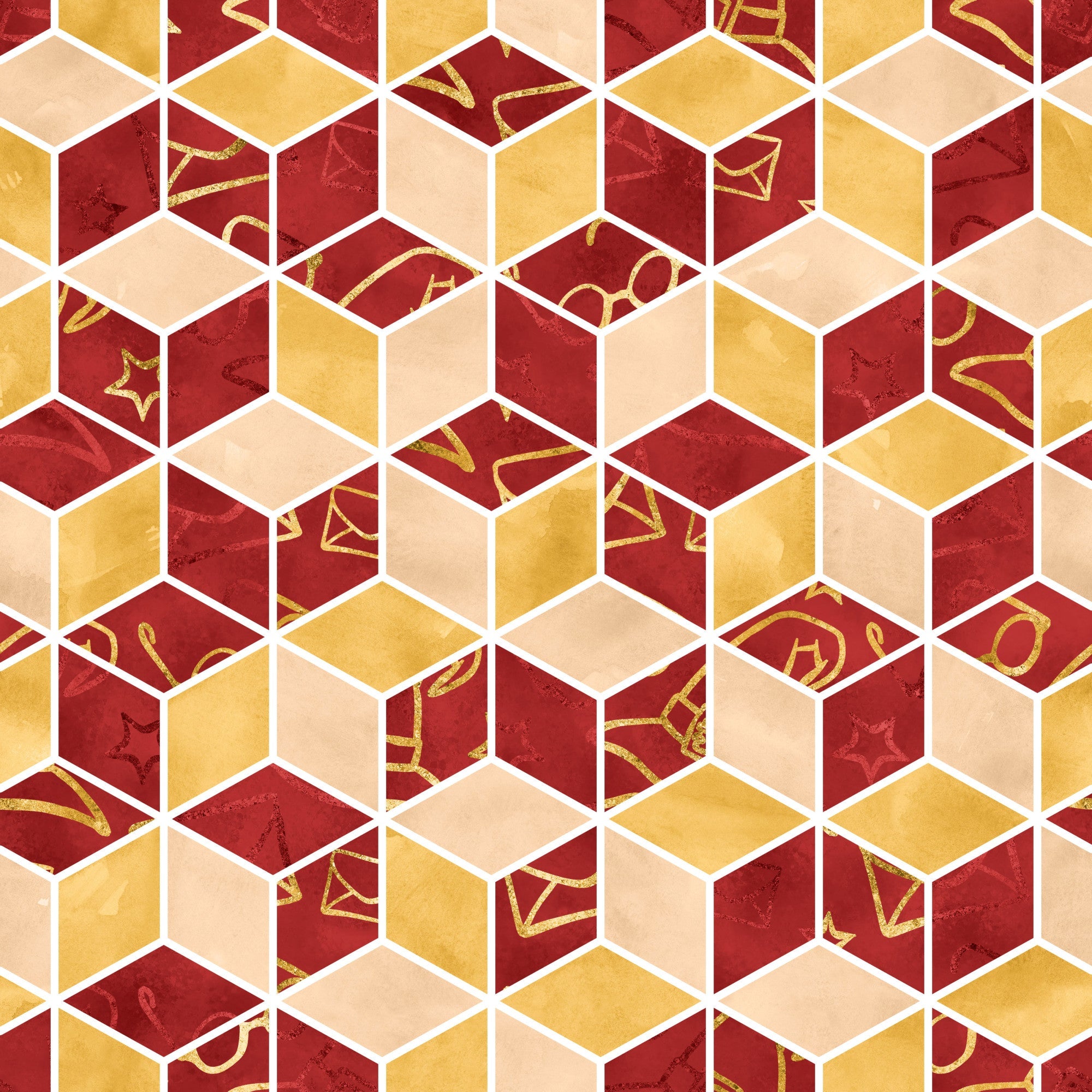 burgundy, gold, cream, beige, hexagonal pattern, geometric design, magical symbols, wizard icons, stars, potions, mystical elements,, fabric panel, honeycomb layout, dimensional cubes, fantasy theme, school supplies, spell components, warm tones, tessellated pattern