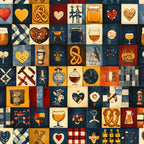 navy blue, cream, burnt orange, rust, red, gold, yellow, heart, beer, pretzel, food, bavarian, german, vintage, retro, pub, brewery, beer lover, geometric, checkered, plaid, rustic, folk art, traditional, whimsical, quirky, bar decor, adult, novelty, beer themed