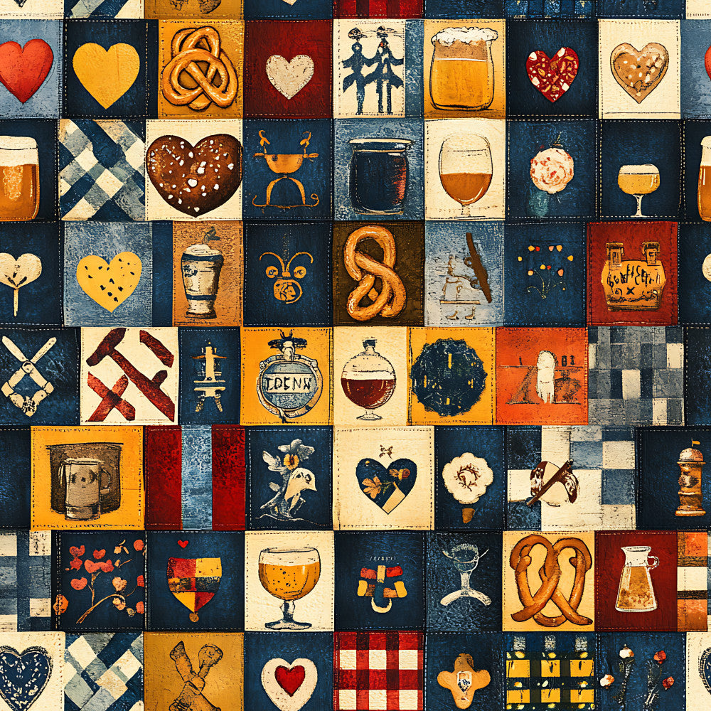 navy blue, cream, burnt orange, rust, red, gold, yellow, heart, beer, pretzel, food, bavarian, german, vintage, retro, pub, brewery, beer lover, geometric, checkered, plaid, rustic, folk art, traditional, whimsical, quirky, bar decor, adult, novelty, beer themed