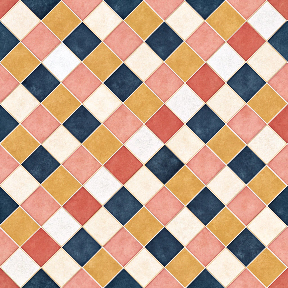 navy blue, gold, cream, dusty rose, coral pink, geometric, diamond pattern, rotated squares, diagonal pattern, modern, contemporary, classic, elegant, traditional, color block, multi-color, home decor, quilted look, retro, vintage aesthetic, timeless design, sophisticated, neutral tones, warm colors, cool colors, structured pattern, repeating pattern, symmetrical design, interior design