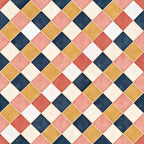 navy blue, gold, cream, dusty rose, coral pink, geometric, diamond pattern, rotated squares, diagonal pattern, modern, contemporary, classic, elegant, traditional, color block, multi-color, home decor, quilted look, retro, vintage aesthetic, timeless design, sophisticated, neutral tones, warm colors, cool colors, structured pattern, repeating pattern, symmetrical design, interior design