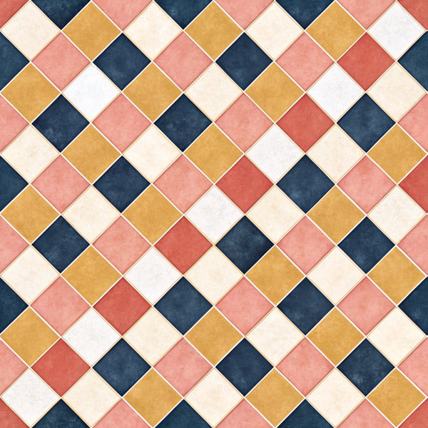 navy blue, gold, cream, dusty rose, coral pink, geometric, diamond pattern, rotated squares, diagonal pattern, modern, contemporary, classic, elegant, traditional, color block, multi-color, home decor, quilted look, retro, vintage aesthetic, timeless design, sophisticated, neutral tones, warm colors, cool colors, structured pattern, repeating pattern, symmetrical design, interior design