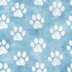 light blue, sky blue, white, paw prints, dog paws, animal tracks, scattered pattern, repeating design, pet theme, watercolor style, soft texture,, fabric panel, playful mood, whimsical design, four-toe prints, brushed background, pastel colors, crafting material, sewing fabric