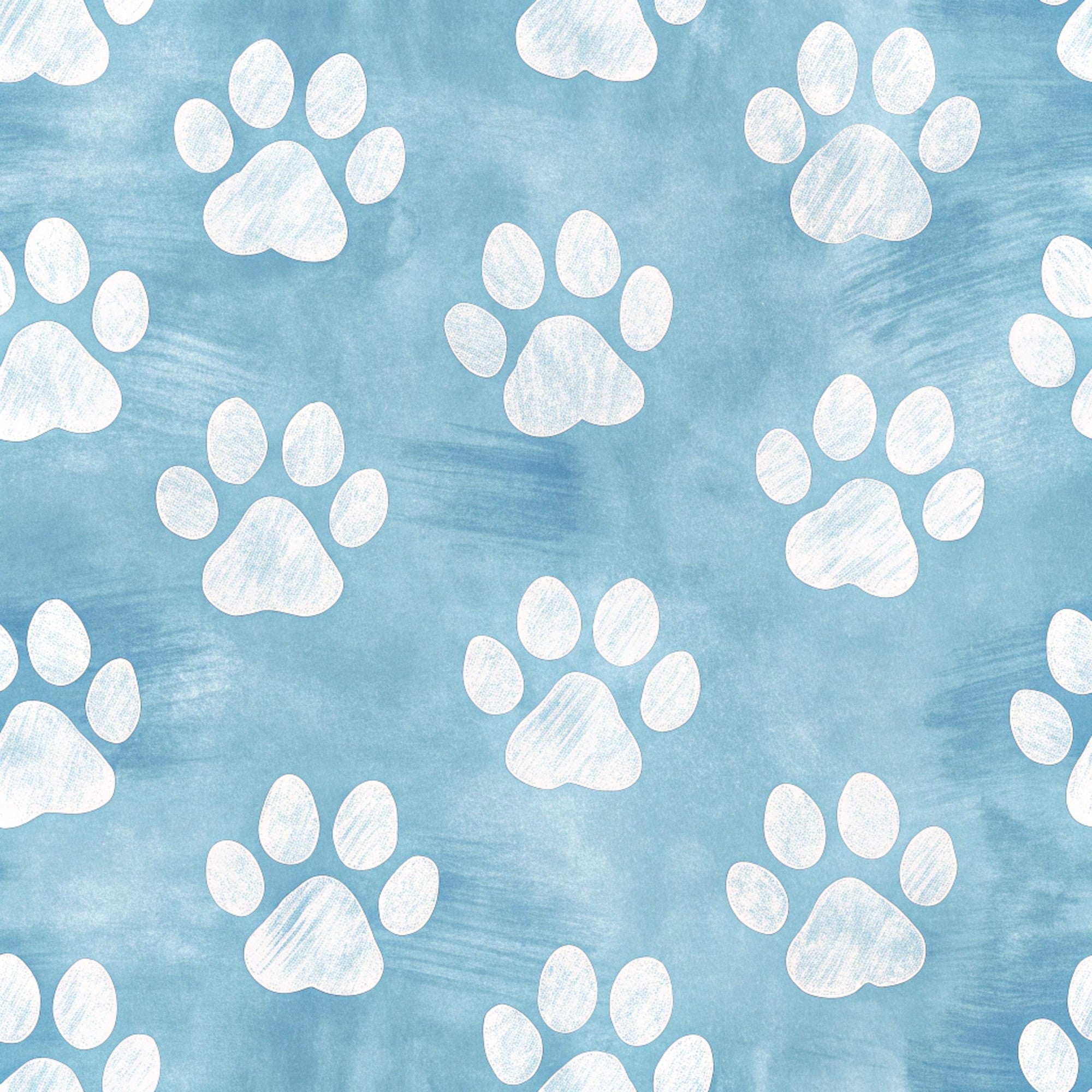 light blue, sky blue, white, paw prints, dog paws, animal tracks, scattered pattern, repeating design, pet theme, watercolor style, soft texture,, fabric panel, playful mood, whimsical design, four-toe prints, brushed background, pastel colors, crafting material, sewing fabric