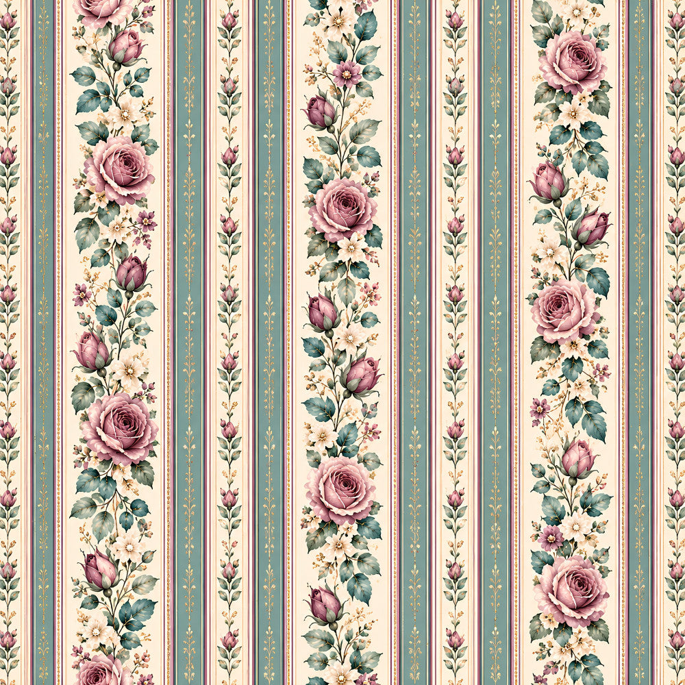 dusty rose, mauve, sage green, cream, soft pink, vintage floral, striped, roses, botanical, nature, traditional, elegant, romantic, cottage core, victorian, spring, garden, delicate flowers, classic, timeless, feminine, soft colors, multi-colored stripes, small florals, home decor, quilt making, sewing projects