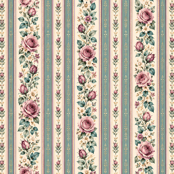 dusty rose, mauve, sage green, cream, soft pink, vintage floral, striped, roses, botanical, nature, traditional, elegant, romantic, cottage core, victorian, spring, garden, delicate flowers, classic, timeless, feminine, soft colors, multi-colored stripes, small florals, home decor, quilt making, sewing projects