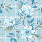 sky blue, light blue, white, pale blue, teal, blue-green, floral, botanical, magnolia, delicate flowers, gingham, plaid, checkered, nature, spring, elegant, soft, gentle, peaceful, romantic, leaves, branches, buds, feminine, traditional, pretty, garden, botanical print, pastel, soothing
