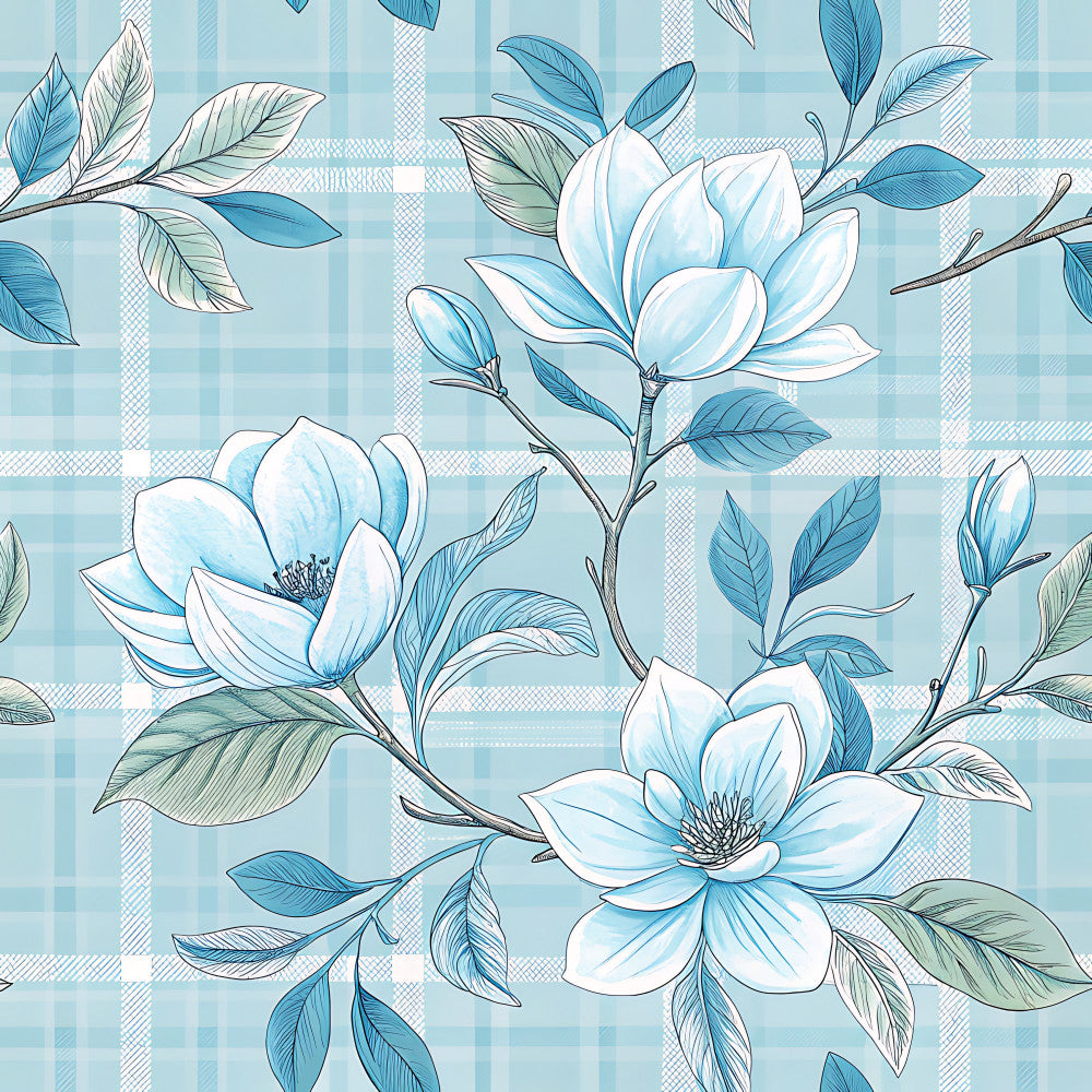 sky blue, light blue, white, pale blue, teal, blue-green, floral, botanical, magnolia, delicate flowers, gingham, plaid, checkered, nature, spring, elegant, soft, gentle, peaceful, romantic, leaves, branches, buds, feminine, traditional, pretty, garden, botanical print, pastel, soothing