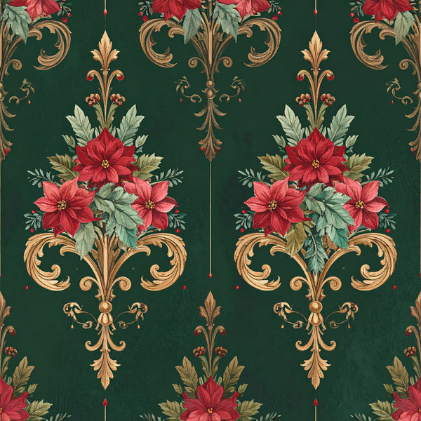 forest green, deep green, gold, golden brown, cream, coral pink, red, burgundy, floral, damask, ornamental, vintage, traditional, elegant, baroque, poinsettia, red flowers, coral flowers, green leaves, scrollwork, ornate, victorian, classical, festive, christmas, holiday, botanical, nature-inspired, romantic, luxurious