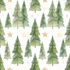 forest green, sage green, light green, tan, gold, cream, white, evergreen trees, pine trees, stars, christmas, holiday, winter, nature, woodland, rustic, whimsical, traditional, festive, seasonal, nursery, kids room, playroom, baby shower, celestial, forest theme, layered trees, watercolor style, neutral palette, cozy