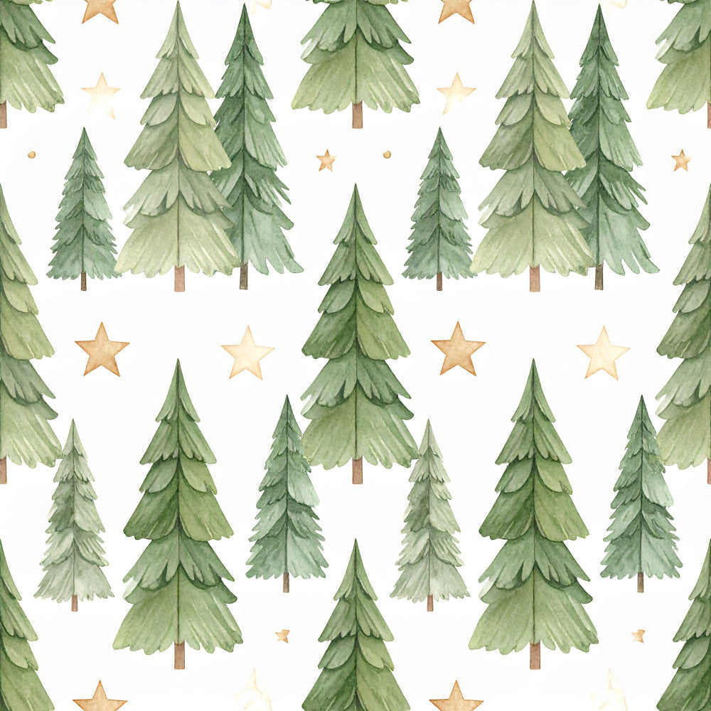forest green, sage green, light green, tan, gold, cream, white, evergreen trees, pine trees, stars, christmas, holiday, winter, nature, woodland, rustic, whimsical, traditional, festive, seasonal, nursery, kids room, playroom, baby shower, celestial, forest theme, layered trees, watercolor style, neutral palette, cozy