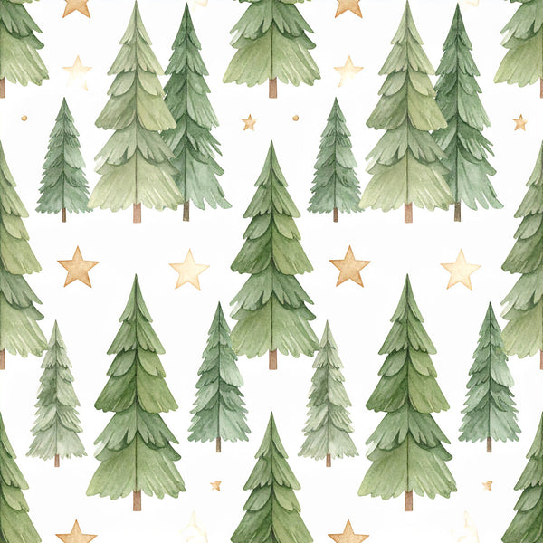 forest green, sage green, light green, tan, gold, cream, white, evergreen trees, pine trees, stars, christmas, holiday, winter, nature, woodland, rustic, whimsical, traditional, festive, seasonal, nursery, kids room, playroom, baby shower, celestial, forest theme, layered trees, watercolor style, neutral palette, cozy
