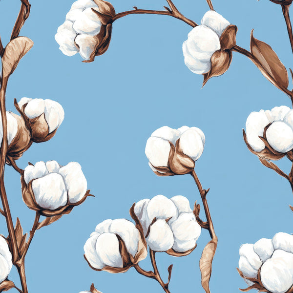 sky blue, white cotton, brown stems, cotton bolls, botanical pattern, cotton plants,, fabric panel, nature motif, soft blue background, raw cotton, agricultural theme, plant illustration, cotton field, natural fibers, botanical design, cotton harvest, farmhouse style, organic cotton, country theme