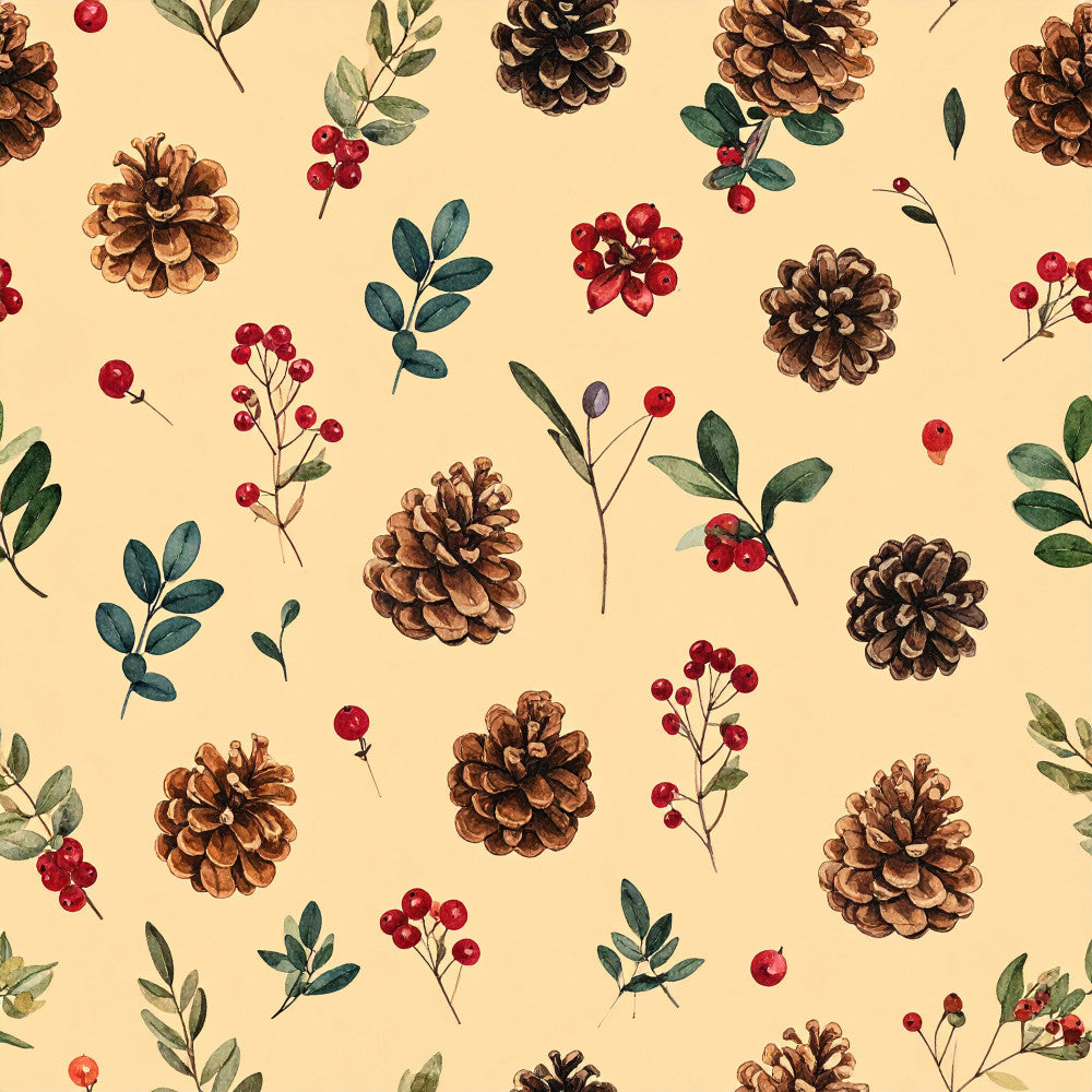cream background, burgundy red, forest green, teal, brown, pinecones, berries, leaves, floral, botanical, nature, vintage, rustic, autumn, fall, traditional, natural, woodland, holiday, christmas, winter, elegant, whimsical, farmhouse, cottage core, evergreen, festive, seasonal, classic, ornamental
