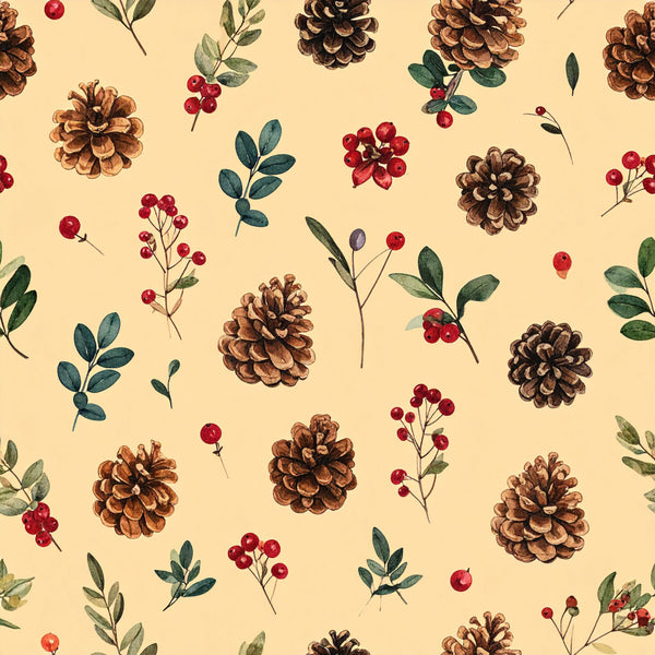 cream background, burgundy red, forest green, teal, brown, pinecones, berries, leaves, floral, botanical, nature, vintage, rustic, autumn, fall, traditional, natural, woodland, holiday, christmas, winter, elegant, whimsical, farmhouse, cottage core, evergreen, festive, seasonal, classic, ornamental