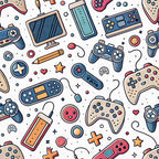 gaming controllers, video game pattern, retro controllers, handheld consoles, blue tones, coral pink, cream background, orange accents, stars and hearts, geometric shapes, modern illustration style, pop art aesthetic, digital entertainment theme,, fabric panel, gaming motifs, controller buttons, playful design, contemporary pattern, tech accessories