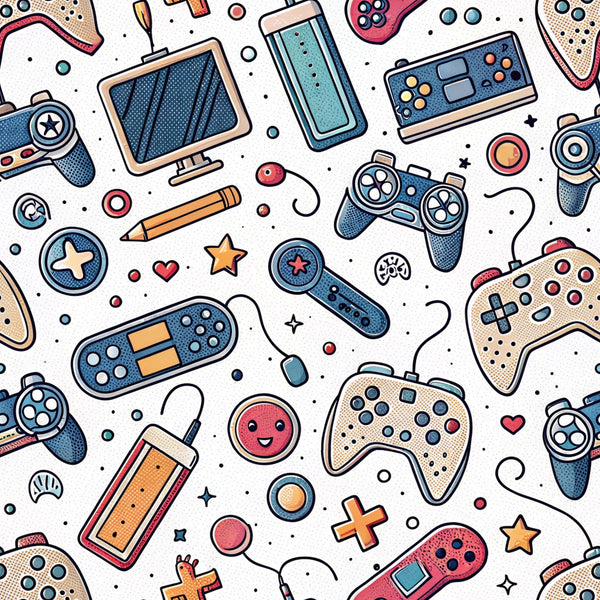 gaming controllers, video game pattern, retro controllers, handheld consoles, blue tones, coral pink, cream background, orange accents, stars and hearts, geometric shapes, modern illustration style, pop art aesthetic, digital entertainment theme,, fabric panel, gaming motifs, controller buttons, playful design, contemporary pattern, tech accessories