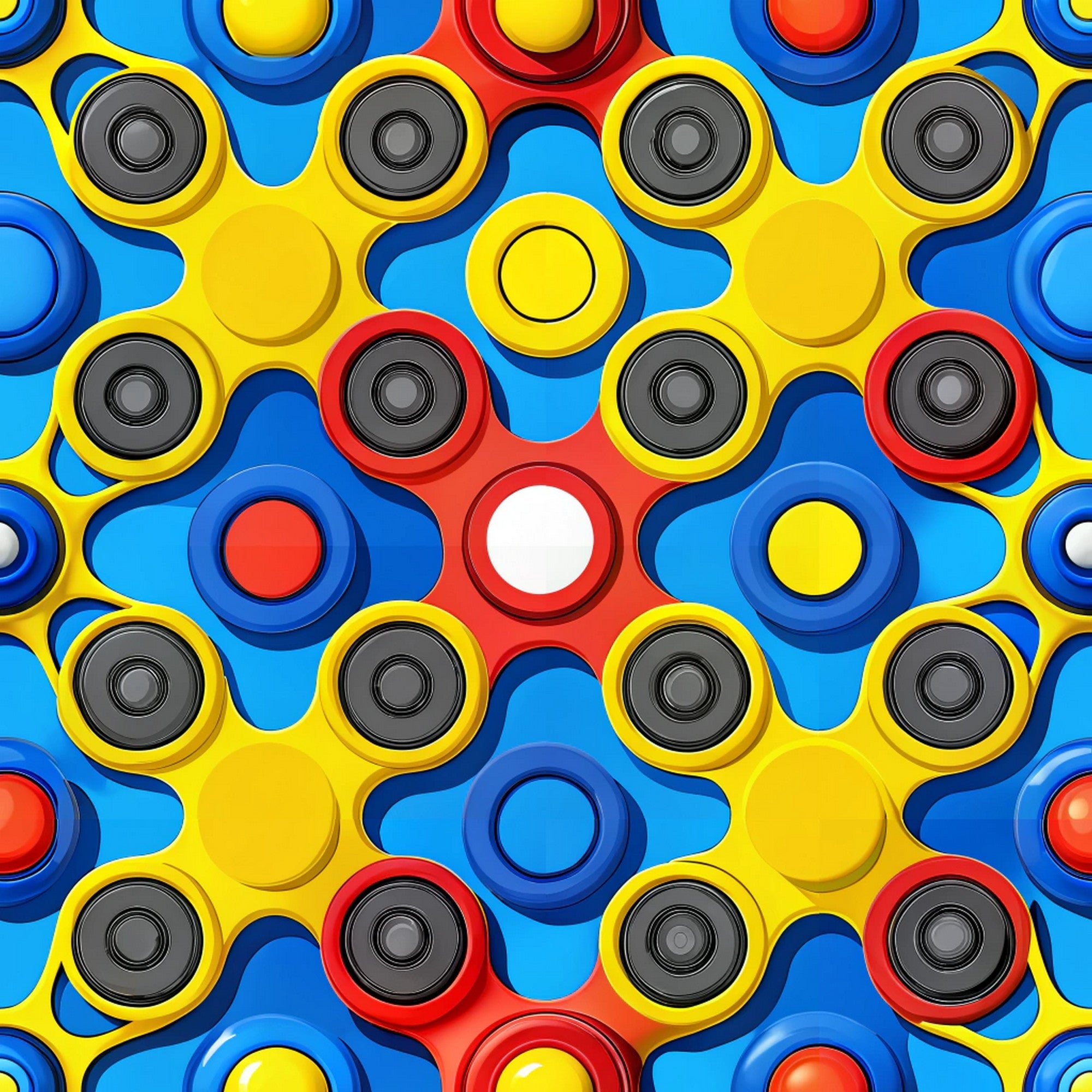 fidget spinners, yellow, blue, red, white, gray, geometric pattern, toy design, spinning toys, repetitive motif, bright colors, primary colors, circular shapes, modern pattern, playful design,, fabric panel, children's fabric, contemporary style, trendy motif