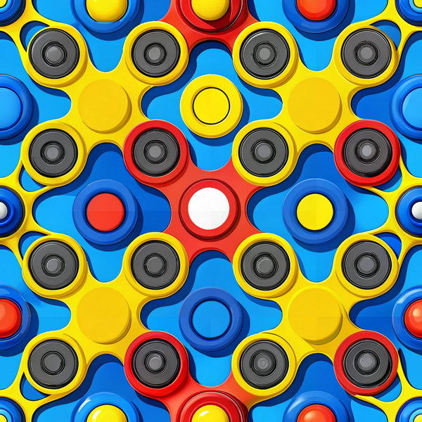 fidget spinners, yellow, blue, red, white, gray, geometric pattern, toy design, spinning toys, repetitive motif, bright colors, primary colors, circular shapes, modern pattern, playful design,, fabric panel, children's fabric, contemporary style, trendy motif