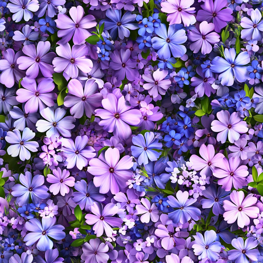 purple flowers, blue flowers, lavender blooms, realistic floral, dense flower pattern, botanical design, spring flowers, small blossoms,, fabric panel, nature inspired, violet tones, periwinkle blue, clustered flowers, garden flowers, floral motifs, seamless pattern, delicate petals, mixed florals, vibrant colors