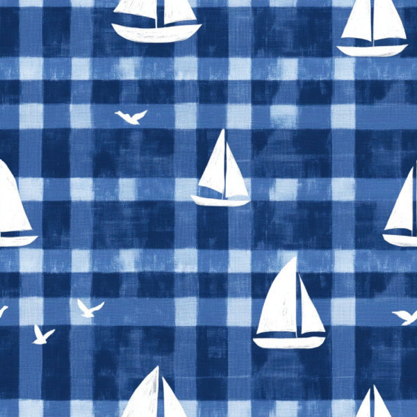 blue, white, sailboats, seagulls, gingham, checkered pattern, nautical, maritime, ocean theme,, fabric panel, sailing boats, birds in flight, navy blue, light blue, geometric checks, coastal design, summer theme, watercraft, marine motifs