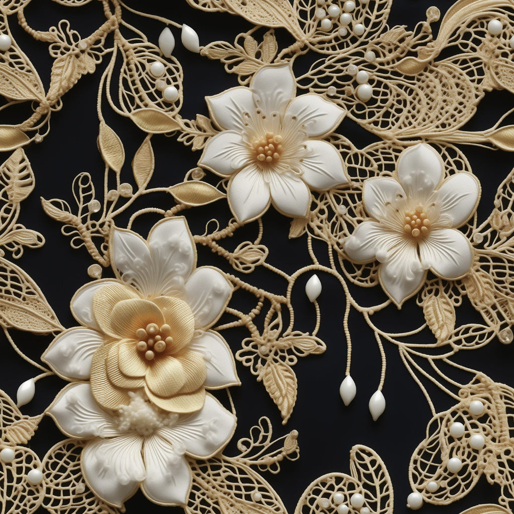 cream, ivory, beige, black background, tatting lace, floral motifs, intricate flowers, delicate petals, lace pattern, ornate design, vintage style, elegant, sophisticated,, fabric panel, dimensional flowers, textured appearance, romantic, feminine, decorative stitching