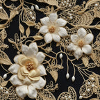 cream, ivory, beige, black background, tatting lace, floral motifs, intricate flowers, delicate petals, lace pattern, ornate design, vintage style, elegant, sophisticated,, fabric panel, dimensional flowers, textured appearance, romantic, feminine, decorative stitching