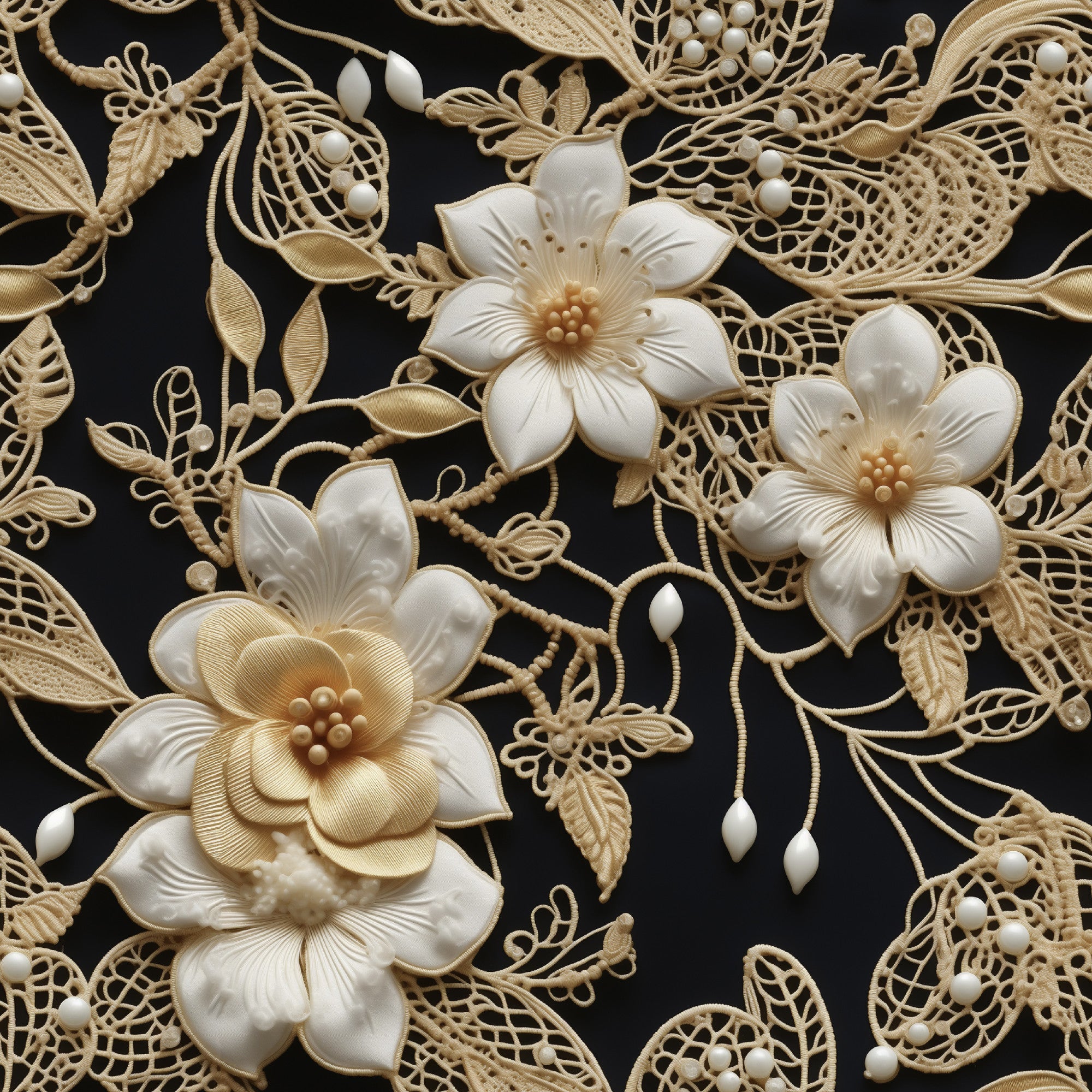 cream, ivory, beige, black background, tatting lace, floral motifs, intricate flowers, delicate petals, lace pattern, ornate design, vintage style, elegant, sophisticated,, fabric panel, dimensional flowers, textured appearance, romantic, feminine, decorative stitching