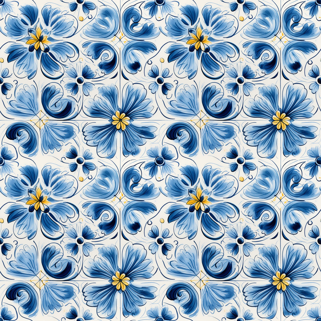 blue, white, handpainted, tiles, floral motifs, decorative flowers, swirls, scrollwork, ceramic inspired, portuguese style, mediterranean pattern, ornamental design,, fabric panel, botanical elements, yellow accents, navy blue, light blue, repeating pattern, artistic brushstrokes
