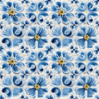blue, white, handpainted, tiles, floral motifs, decorative flowers, swirls, scrollwork, ceramic inspired, portuguese style, mediterranean pattern, ornamental design,, fabric panel, botanical elements, yellow accents, navy blue, light blue, repeating pattern, artistic brushstrokes