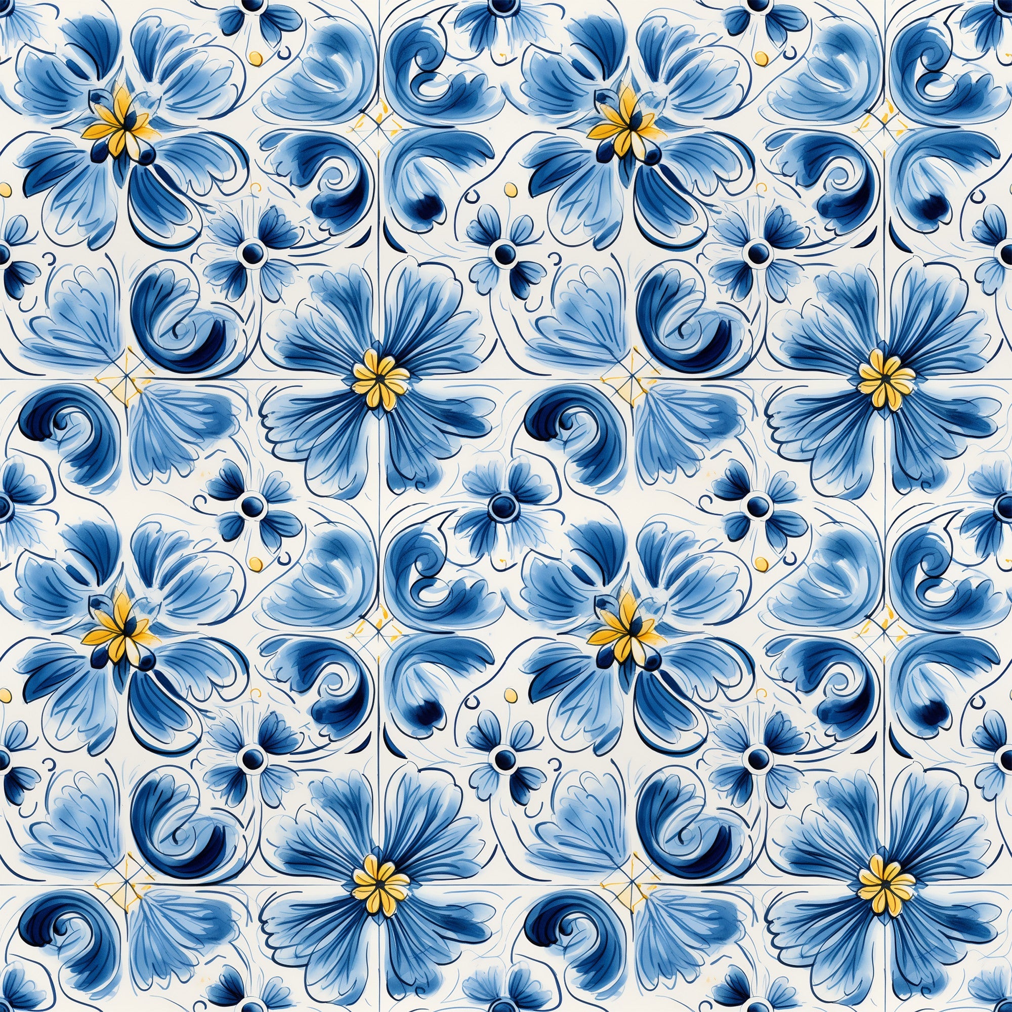 blue, white, handpainted, tiles, floral motifs, decorative flowers, swirls, scrollwork, ceramic inspired, portuguese style, mediterranean pattern, ornamental design,, fabric panel, botanical elements, yellow accents, navy blue, light blue, repeating pattern, artistic brushstrokes