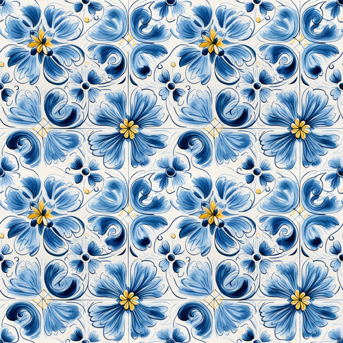 blue, white, handpainted, tiles, floral motifs, decorative flowers, swirls, scrollwork, ceramic inspired, portuguese style, mediterranean pattern, ornamental design,, fabric panel, botanical elements, yellow accents, navy blue, light blue, repeating pattern, artistic brushstrokes