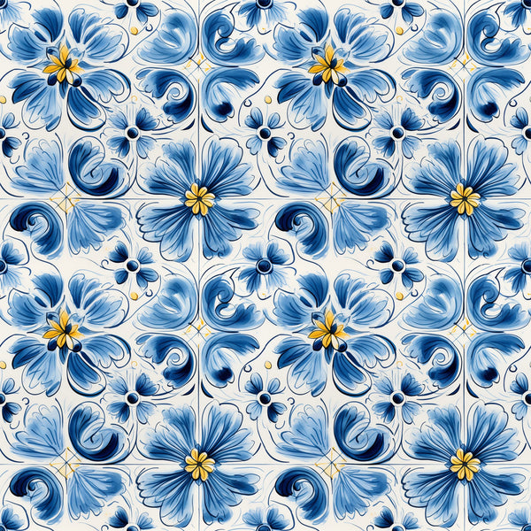 blue, white, handpainted, tiles, floral motifs, decorative flowers, swirls, scrollwork, ceramic inspired, portuguese style, mediterranean pattern, ornamental design,, fabric panel, botanical elements, yellow accents, navy blue, light blue, repeating pattern, artistic brushstrokes