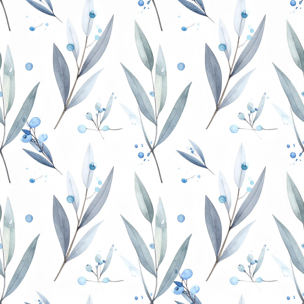 slate blue, dusty blue, light blue, gray-green, sage green, watercolor, botanical, floral, berries, branches, leaves, nature, modern, elegant, minimalist, soft, delicate, nursery, baby room, calming, peaceful, contemporary, botanical illustration, organic, gentle, subtle pattern, nature-inspired