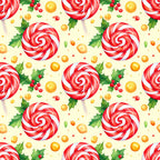 candy cane, peppermint, red and white striped, gold spheres, holly leaves, red berries, christmas, holiday, festive, whimsical, sweet treats, candy themed, winter, cheerful, bright red, cream background, playroom, kids room, nursery, playful, traditional christmas, retro candy, dessert themed, fun and colorful, children's design, seasonal decor