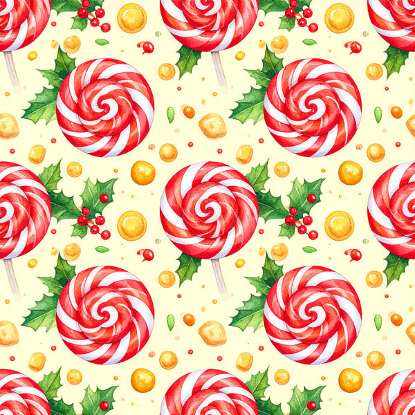 candy cane, peppermint, red and white striped, gold spheres, holly leaves, red berries, christmas, holiday, festive, whimsical, sweet treats, candy themed, winter, cheerful, bright red, cream background, playroom, kids room, nursery, playful, traditional christmas, retro candy, dessert themed, fun and colorful, children's design, seasonal decor